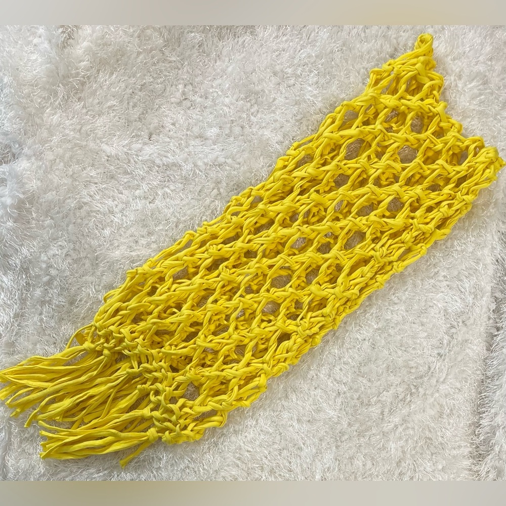 Hand Crafted Yellow Year Round Cotton Knit Chunky Lace Scarf With Tassels - Picture 3 of 5